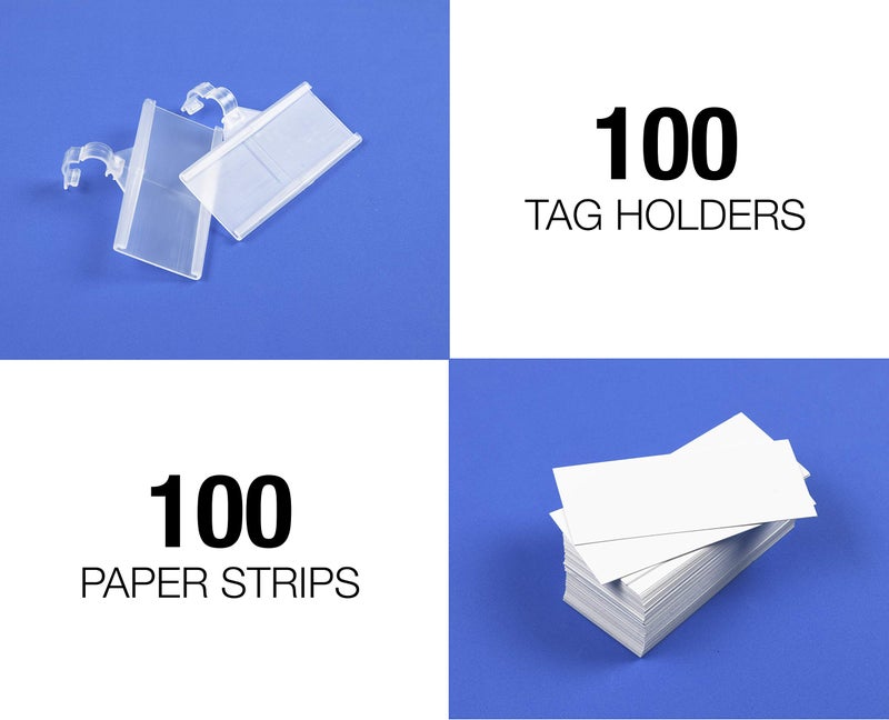 GlossyEnd Pack of 100 - Plastic Wire Shelf Label Holder, Sign and Ticket Holder, Easy Clip Design with Tight Snap Lock Closure. Height, 1-1/4" X Width, 3" | "100 Label Inserts Included" - Image 2